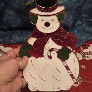 Festive Snowman Holiday Decor with Candy Cane Vintage 9" Ornament Wall Hanger